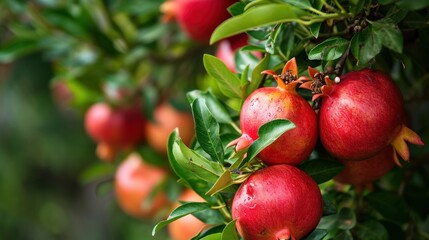  a bunch of ripe pomegranates hanging from a tree with green leaves and oranges in the background.