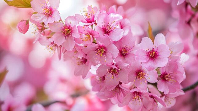  a close up of a bunch of pink flowers on a tree with a blurry background of leaves and branches.