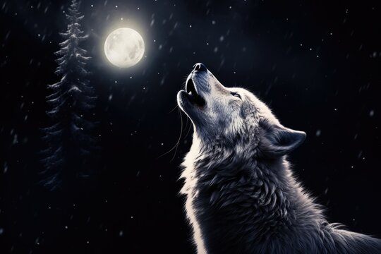 White Wolf Howling at the Moon in a Dark Night Background 