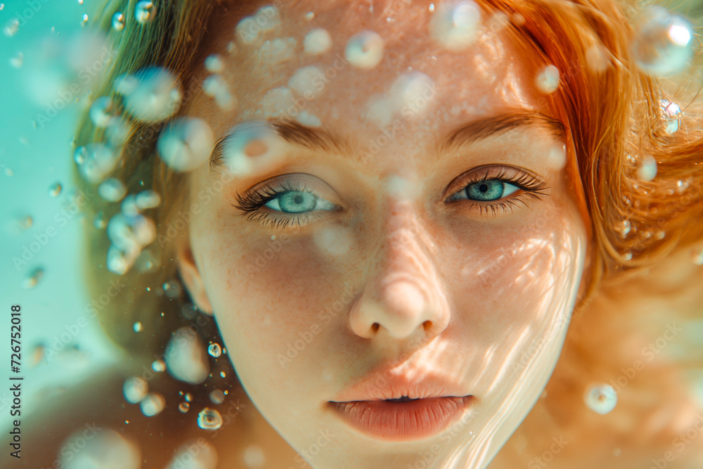 Wall mural close-up face photo portrait of a beautiful pretty model woman swimming under the water with bubbles