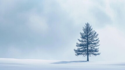  a lone pine tree in the middle of a snow - covered field with a cloudy sky in the back ground.