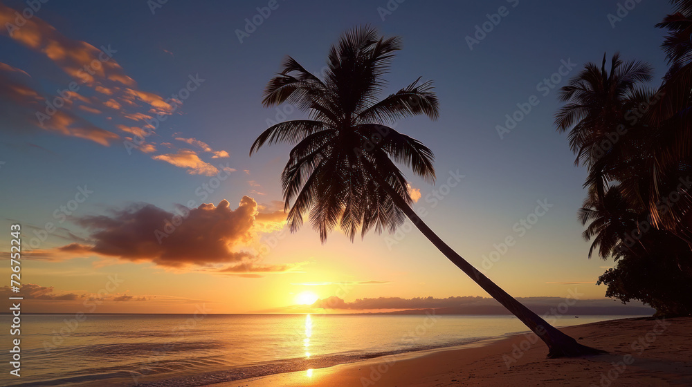 Poster a palm tree is silhouetted against the setting sun on a tropical beach with the ocean in the foregro