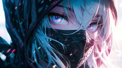 Fototapeta premium Menacing cyberpunk anime character, fierce warrior in a gritty urban cyberpunk setting with heavy rain.