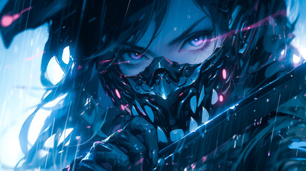Menacing cyberpunk anime character, fierce warrior in a gritty urban cyberpunk setting with heavy rain.