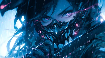 Fotobehang Menacing cyberpunk anime character, fierce warrior in a gritty urban cyberpunk setting with heavy rain. © Inspired