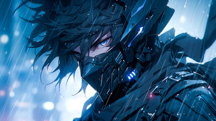 Menacing cyberpunk anime character, fierce warrior in a gritty urban cyberpunk setting with heavy rain. - obrazy, fototapety, plakaty