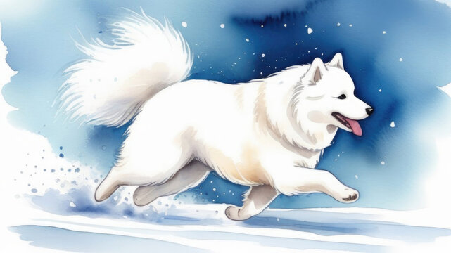Portrait of dog Samoyed breed, white color pet runs with his tongue hanging out along path in winter forest, isolated on blurred watercolor background, space for text, art postcard