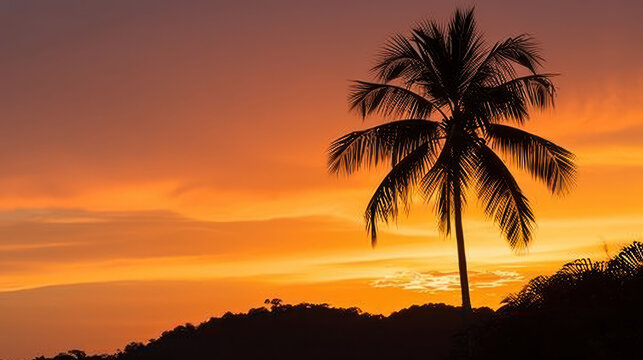  a palm tree is silhouetted against an orange and blue sky as the sun sets on the horizon of a tropical island.