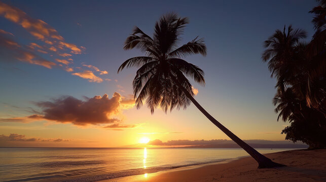  a palm tree is silhouetted against the setting sun on a tropical beach with the ocean in the foreground.