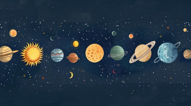  a painting of a solar system with eight planets and the sun in the middle of the picture and stars in the background.