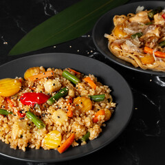 Asian style food set, rice cha han, flat lay, top view.