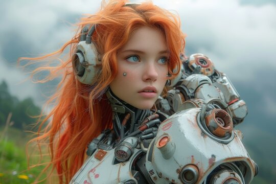 Female cyborg robot, girl in exoskeleton, glossy shiny armor, cyberpunk woman of the future