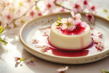 Obraz na płótnie Canvas Panna cotta topped with a delicate cherry blossoms in syrup. Generative AI