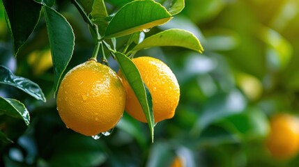  a close up of two oranges on a tree with water droplets on the leaves and the fruit still on the tree.