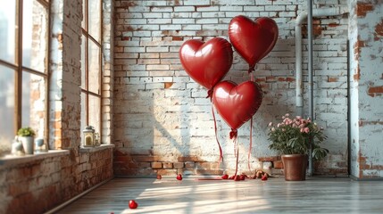  a bunch of red heart shaped balloons in front of a brick wall with a potted plant next to it.
