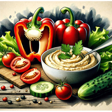 Vegetables on a plate, whole and sliced, with classic hummus. Illustration in a comic style with fancy background.