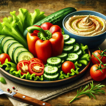 Vegetables in plate on a cutting board, whole and sliced, with classic hummus