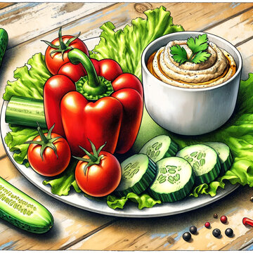 Vegetables on a plate, whole and sliced, with classic hummus. Illustration in a comic style.
