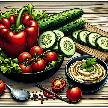 Vegetables in a bowl, whole and sliced, with classic hummus. Illustration in a comic style.
