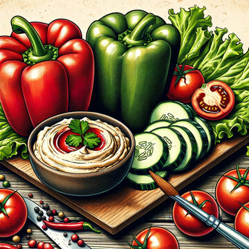 Vegetables on a cutting board, whole and sliced, with classic hummus. Illustration in a comic style.