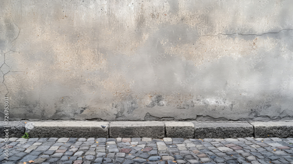 Wall mural gritty urban scene with cobblestone street and a dark wall.