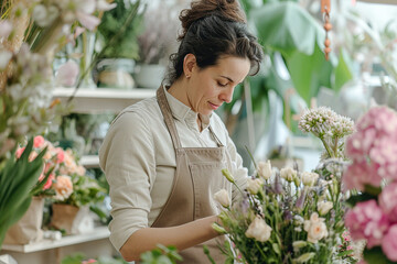 A cheerful female florist is creating a flower arrangement at a floral shop. Small business.