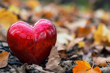 A red heart sits on top of a pile of leaves