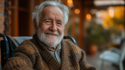 80 years old man smiling bright in the camera sitting in a hypermodern wheelchair