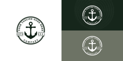 An elegant anchor icon logo, port vector, skipper illustration design, and vintage style logo presented with multiple background colors. The logo is suitable for Business Industry logo design ideas © Miftakhul