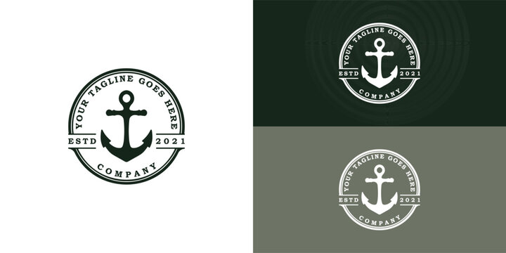 An elegant anchor icon logo, port vector, skipper illustration design, and vintage style logo presented with multiple background colors. The logo is suitable for Business Industry logo design ideas