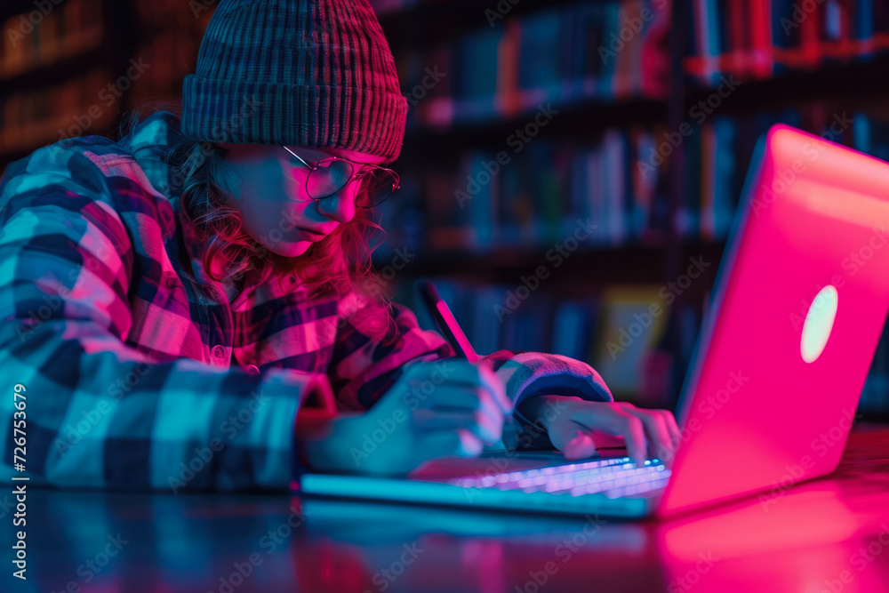 Poster person studying for a test in a library with a laptop and a highlighter