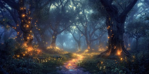 An enchanted forest with magical creatures, glowing plants, ancient trees, a hidden fairy village, mystical ambiance. Resplendent. - obrazy, fototapety, plakaty