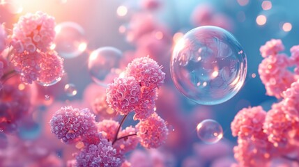  a bunch of bubbles floating in the air next to a bunch of pink flowers on a blue and pink background. - obrazy, fototapety, plakaty