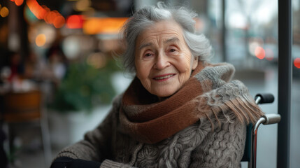 80 years old woman smiling bright in the camera sitting in a hypermodern wheelchair