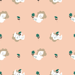 Set of cute posters and  seamless patterns with flowers, cupids   and birds .St. Valentine's Day concept.Amor kids with wings hold a heart, romantic symbol of love. Great for fabric, textile Vector 