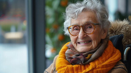 80 years old woman smiling bright in the camera sitting in a hypermodern wheelchair