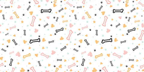 Dog bones seamless pattern. Bone and traces of puppy paws repetitive texture. Doggy endless background. Vector illustration