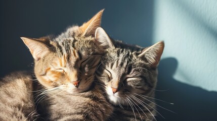  a couple of cats laying next to each other on top of a bed on top of a wooden floor next to a blue wall.