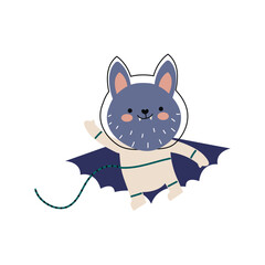 Space animals set. Bat astronaut in spaceship, cartoon animal. UFO, Bat in suit, animal in rocket explorer universe, meteorite, satellite, rocket, planet,space. Adventure neoteric vector set