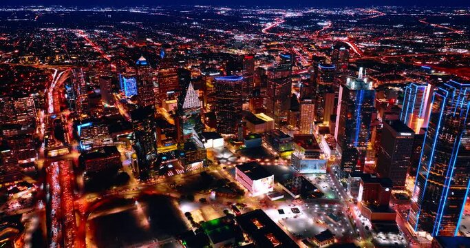 Dazzling panorama of Dallas, Texas, USA at night. Illuminated metropolis scenery from top.