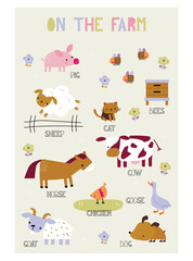 Farm animals posters.  illustrations cat, cow, goose, bees, goat, dog, horse, sheep, pig, chicken, beehive in hand draw style