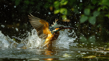 Female kingfisher emerging from the water after.
