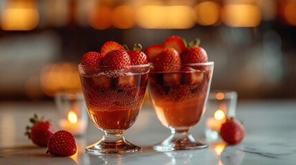  a close up of two glasses of liquid with strawberries on the edge of the glasses and candles in the background.