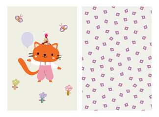 Set of poster with Cute cat and balloons , butterflies and abstract pattern . Creative floral background. Great for fabric, textile.Vector Illustration