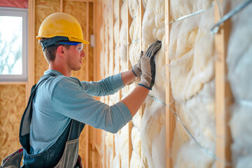 Construction worker installing house wall insulation in new home - obrazy, fototapety, plakaty