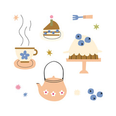 Isolated objects on white: vase with flowers, socks, tea, notepad, pencil, bag with blueberries, berry cake, pie, teapot and bow. Vector illustration