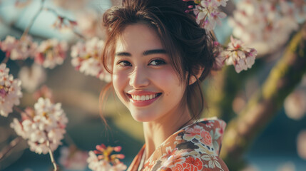 満開の桜の前で記念撮影をする若い日本人女性　卒業式