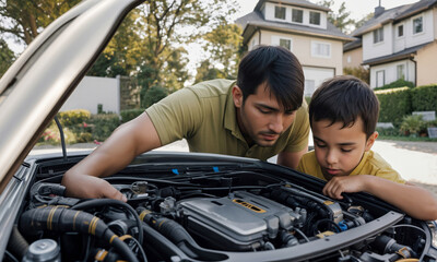 Father shows young son engine under hood of car, together outdoors in front yard of house
