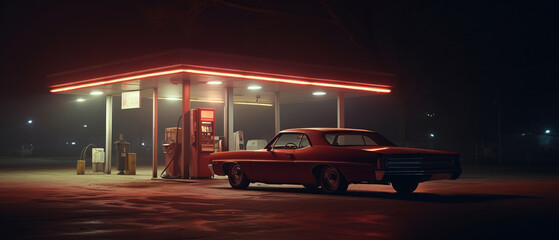 An illustration of a retro car next to a gas station at night - obrazy, fototapety, plakaty