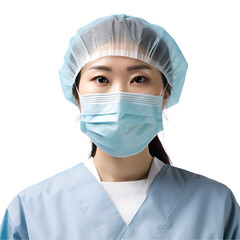 Medical Professional at Work: Close-up Portrait of an Asian Woman in Scrubs and Mask, Isolated on Transparent Background, PNG